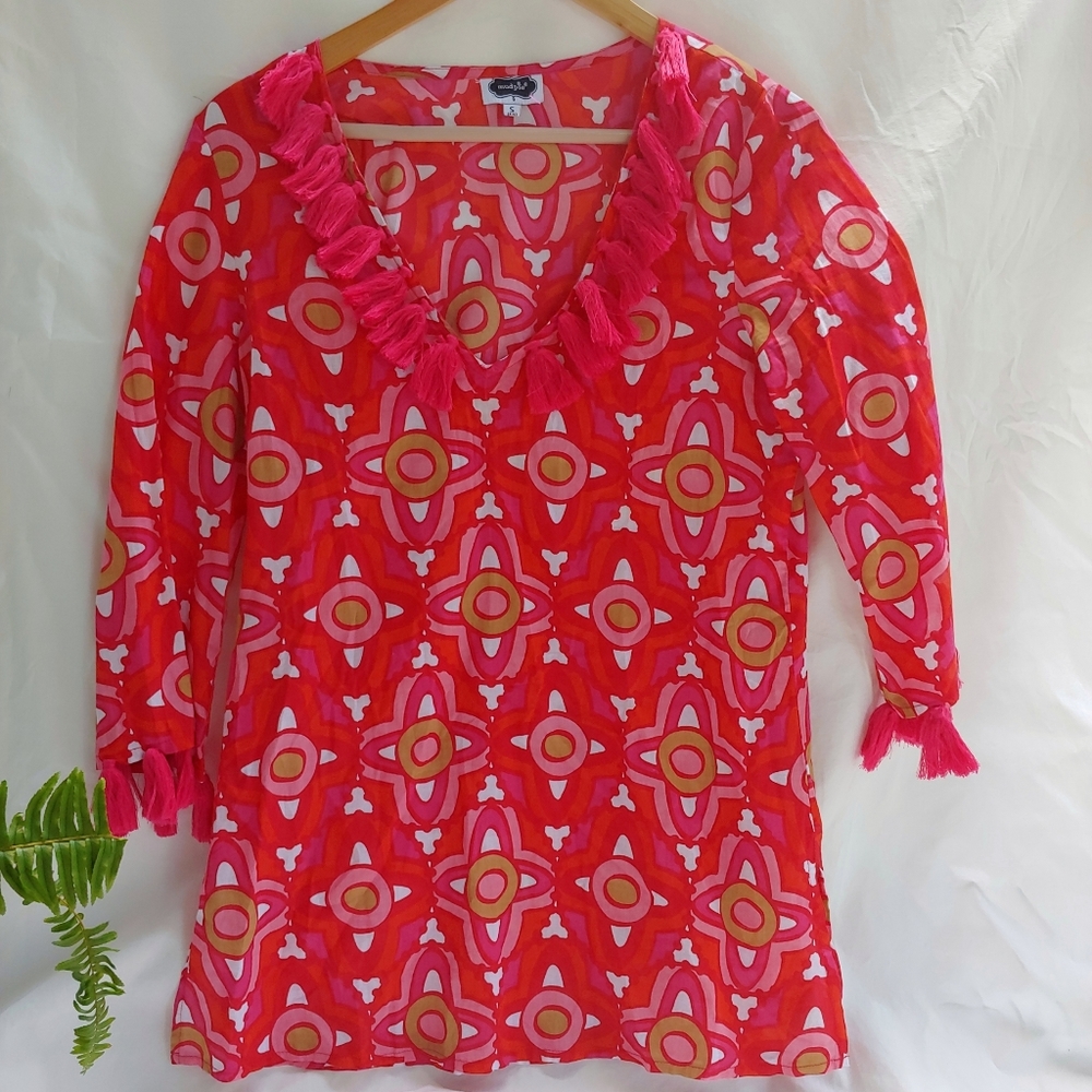 Mudpie Bright Coral Red Tassel Fringe Blouse